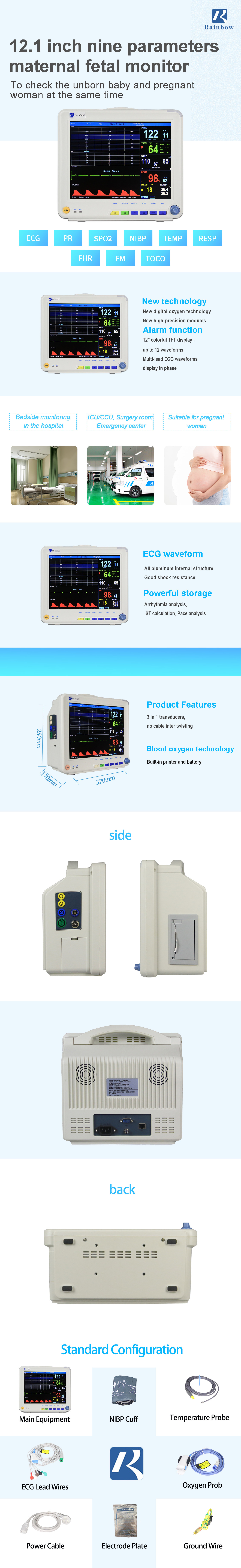 Electric Maternal Fetal Monitor 12.1 Inch 9 Parameter For Pregnant Woman