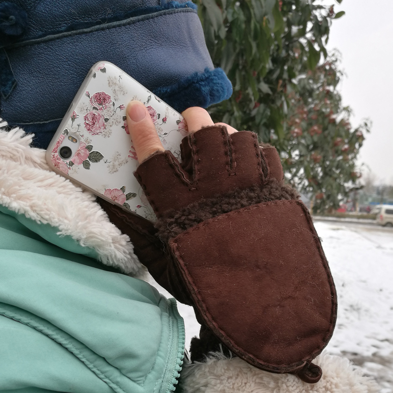 High quality touch screen sheepskin curly wool half finger mitten gloves