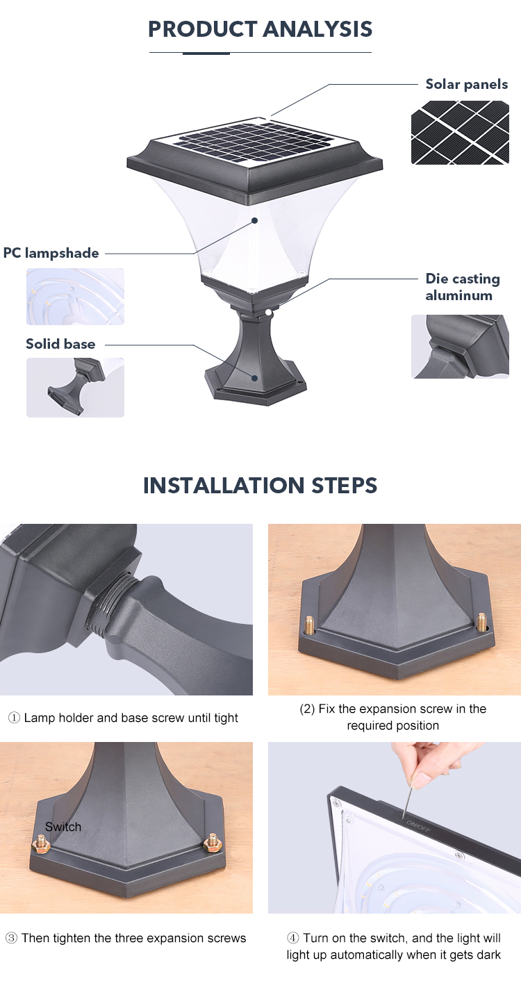Intelligent Solar Pillar Light IP65 Water Resistant Multipurpose