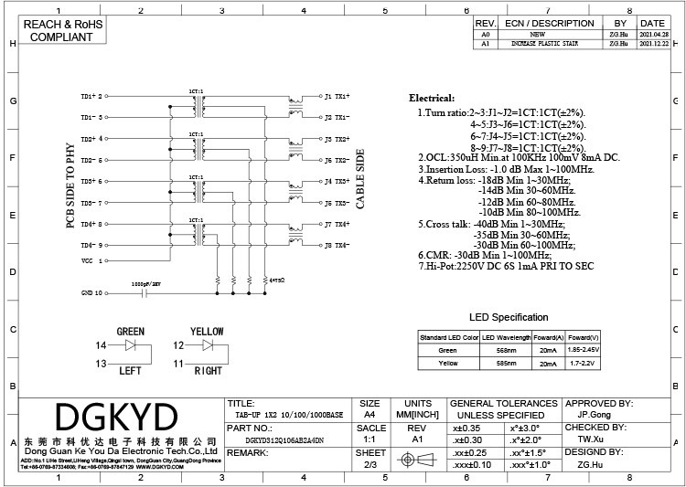 DGKYD312Q106AB2A4DN Multi-Port 1X2 RJ45 Network Connector Ethernet Transformer Gigabit Integrated Filter With Light