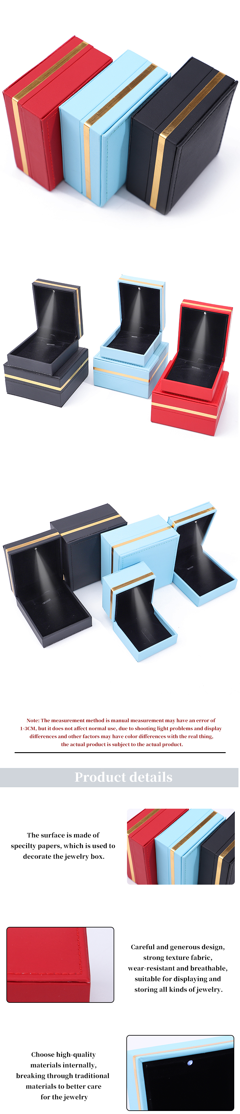 Custom PU Leather LED Jewelry Box Gold Trim Jewelry Holder Case For Earrings Rings
