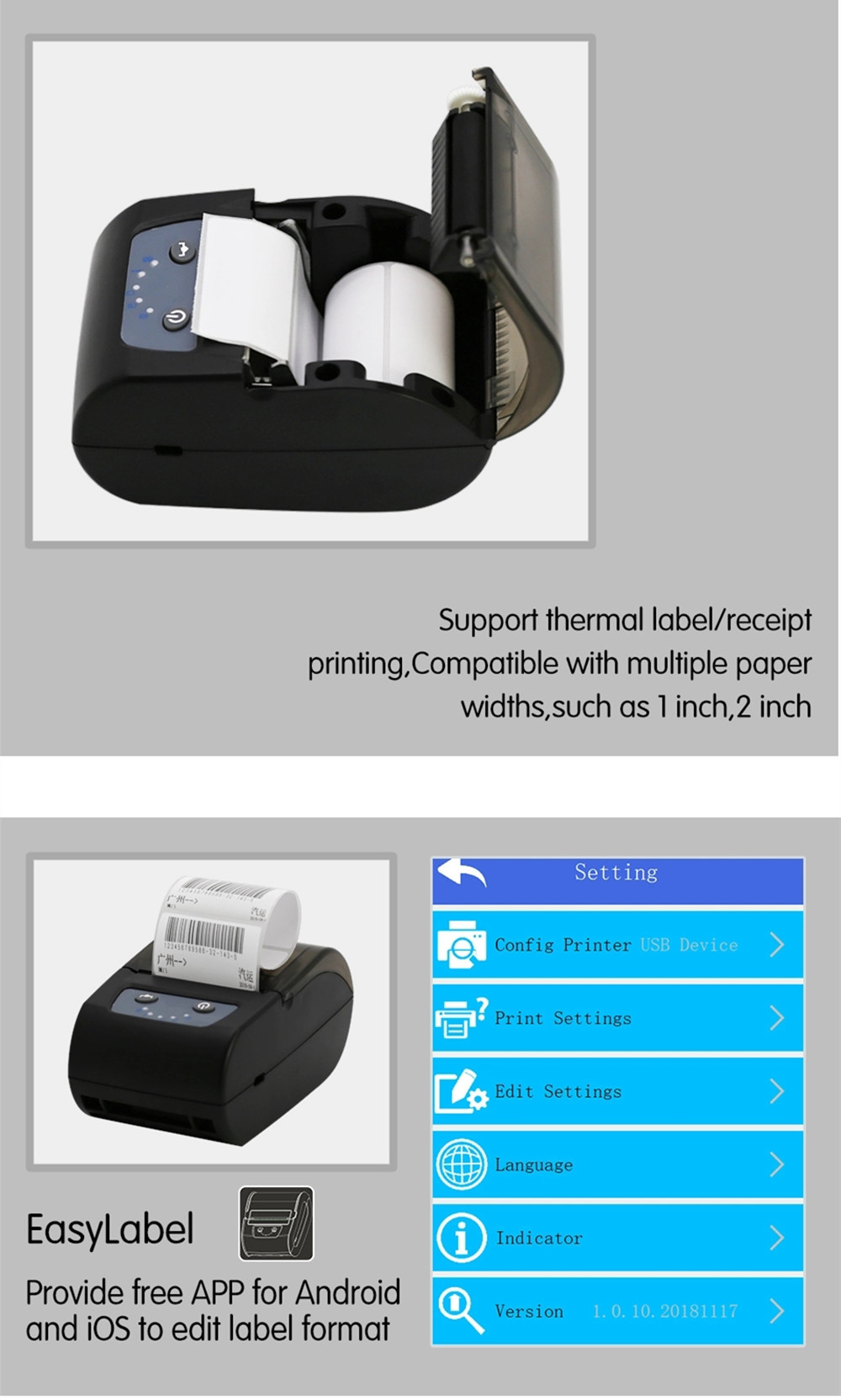 58mm Thermal barcode printer Qr code label printer receipt printer with bluetooth android ios