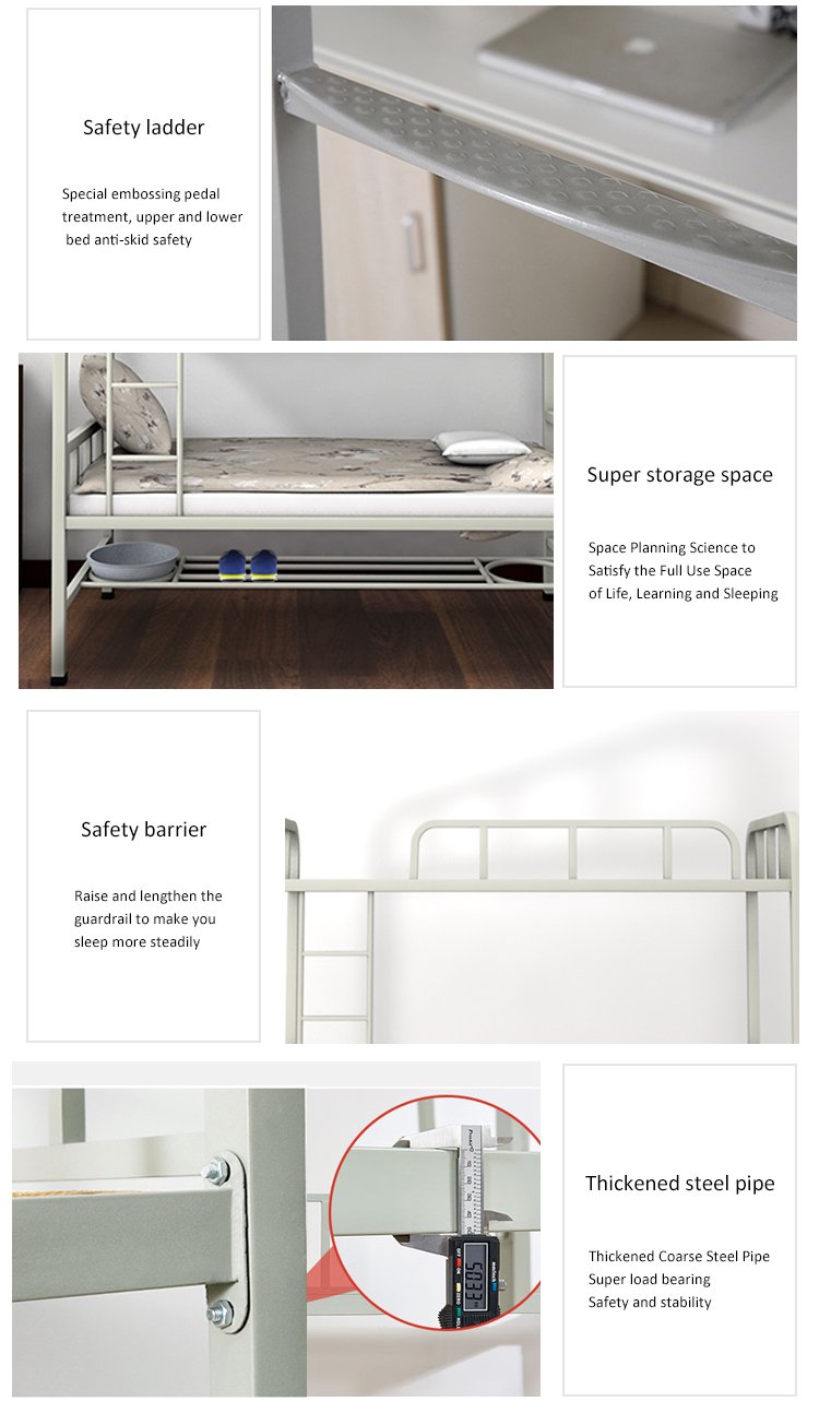 School Adult Size Gray Color 1800mm Height Steel Bunk Bed For Students
