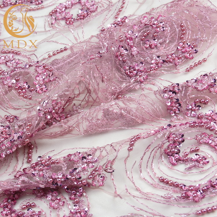 Wedding Dress Pink Heavy Beaded Lace Fabric Customized 20% Polyester