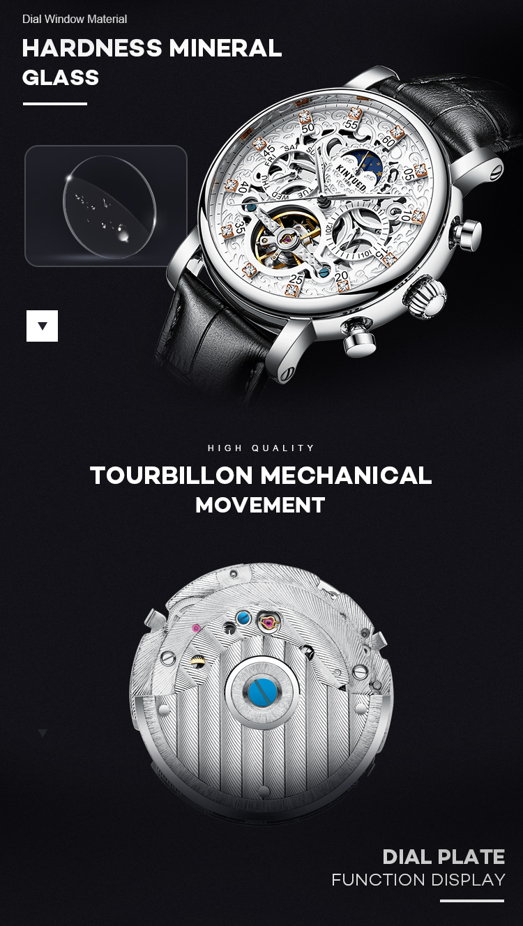 Silver Case Mens Mechanical Watches Durable Tourbillon Skeleton Watch