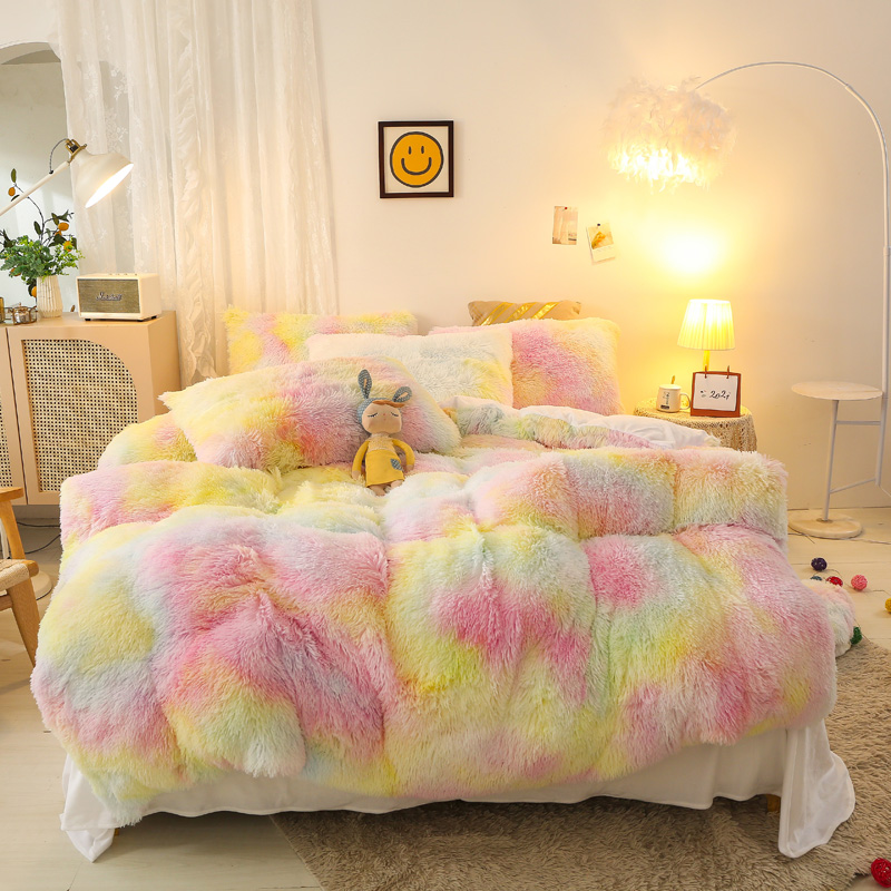 Blue Tie Dye Gradient Shaggy Warm Mink Velvet Duvet Bedding Set for Winter 500TC Gifts