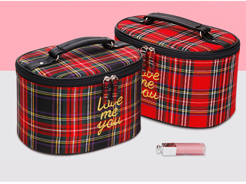 Korean Style Custom Print Logo Grid Cylinder Cosmetic Bag