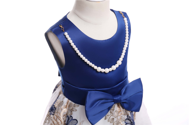 O-Neck Satin Girl Dress Embroidered Mesh Dress Dark Blue Pearl Necklace Dresses Disfraz Rapunzel Niña Enfant Girls Winte