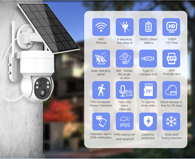 Outdoor Solar Panel Powered Wifi Smart 4mp Ptz Pir Cctv Ip Wireless Security Surveillance Solar Network Camera