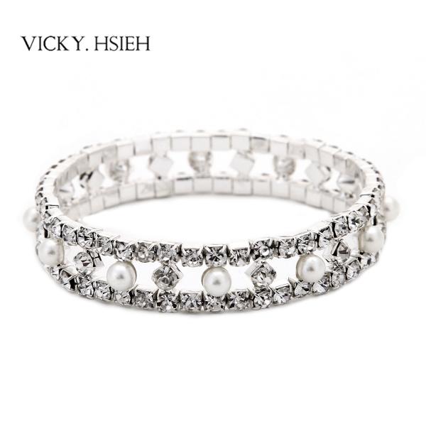 VICKY.HSIEH Silver Tone Glamour Crystal Rhinestone Wedding Bridal Social Stretch