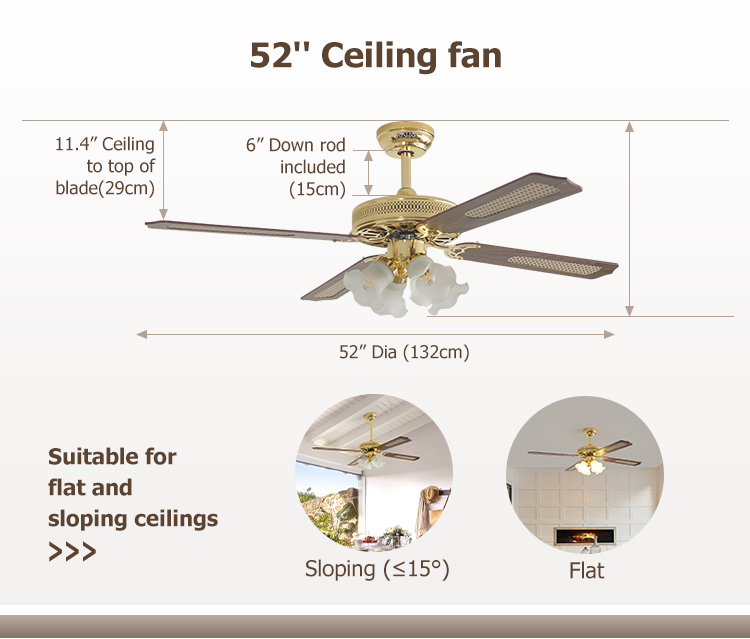 Fancy Luxury 52 Inches Ceiling Fan with 4 MDF Blades and 4 Light Kits in Gold Finish