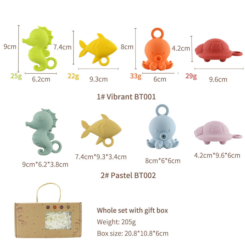 Custom Popular Silicone Ocean Animal Octopus Fish Turtle Seahorse Kids Baby Bath Toys Gift Set Water Spray Squishy