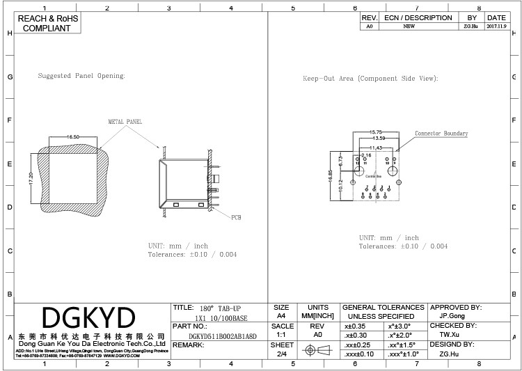 DGKYD511B002AA1A8D 180 Degree RJ45 Connector 8PIN With Lamp And Shielded Socket