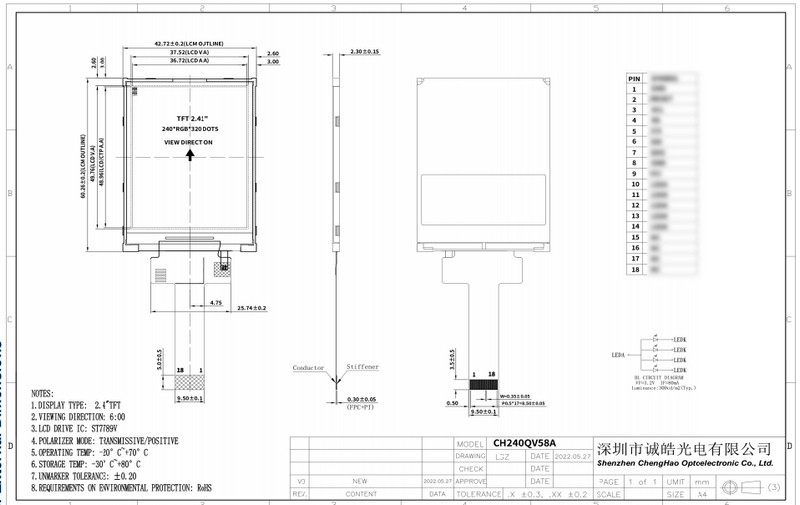 4 Line 8 Bit SPI Interface LCD Display Module 2.4 Inch 240X320 Dot
