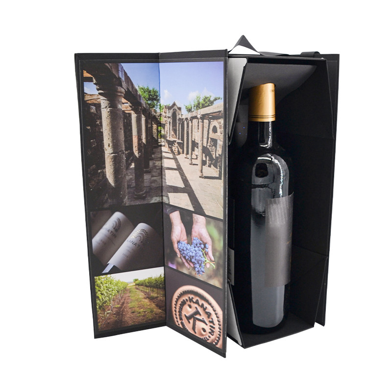 Black Flat Foldable Wine Bottle Packaging Box with UV Finish