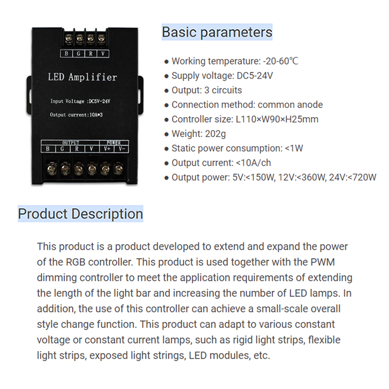 30A 720W LED Strip Repeater , LED RGB Amplifier For LED Strip Light