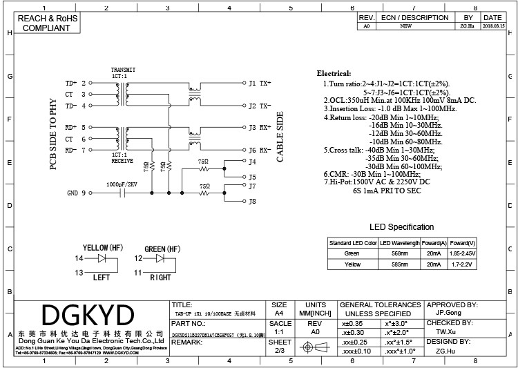DGKYD 7 pin SMD RJ45 Network Connector with LCP housing