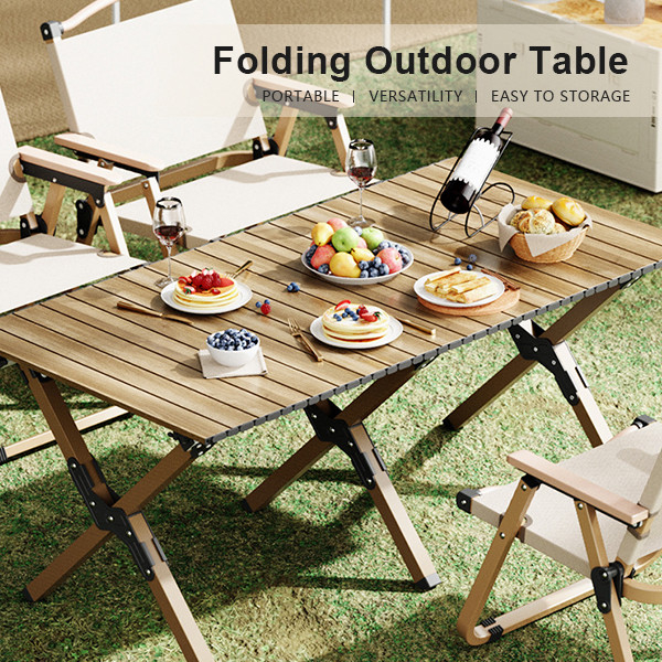 Lightweight Roll Up Folding Camping Coffee Table 6.70kg Wood Grain Color Metal Folding Table
