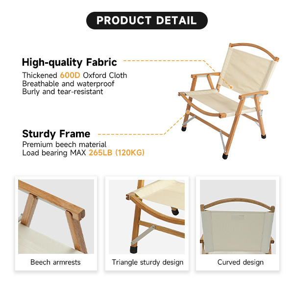 Durable Light Portable Camping Chair Hard Arm Beech Wood Most Comfortable
