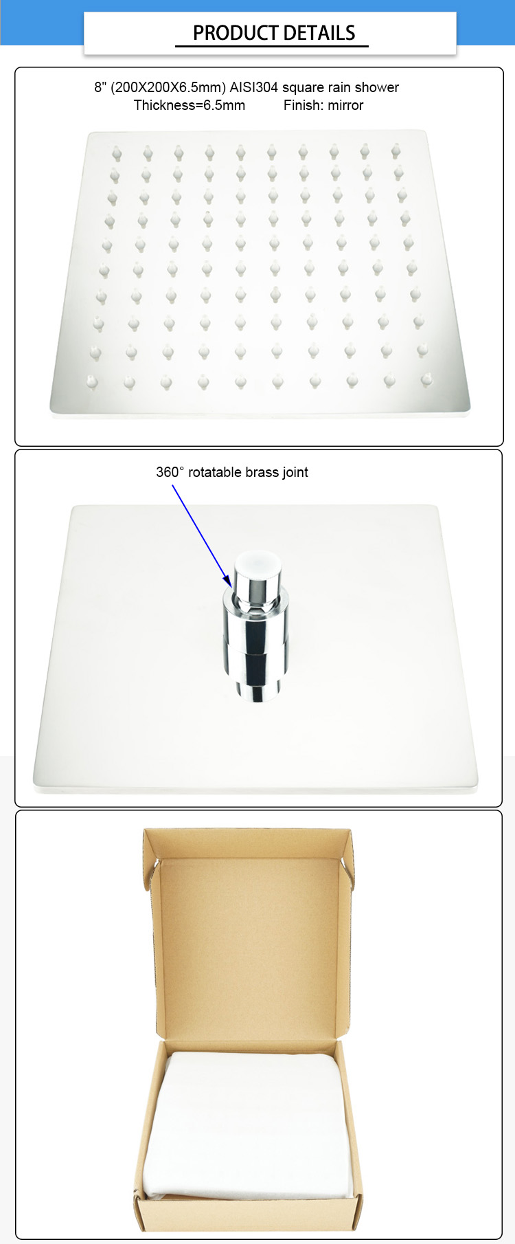 SUS304 6.5mm Thickness Square Overhead Shower Head