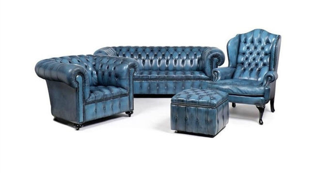 Blue Vintage Leather Chesterfield 3 Seater Sofa Set Low Back Style