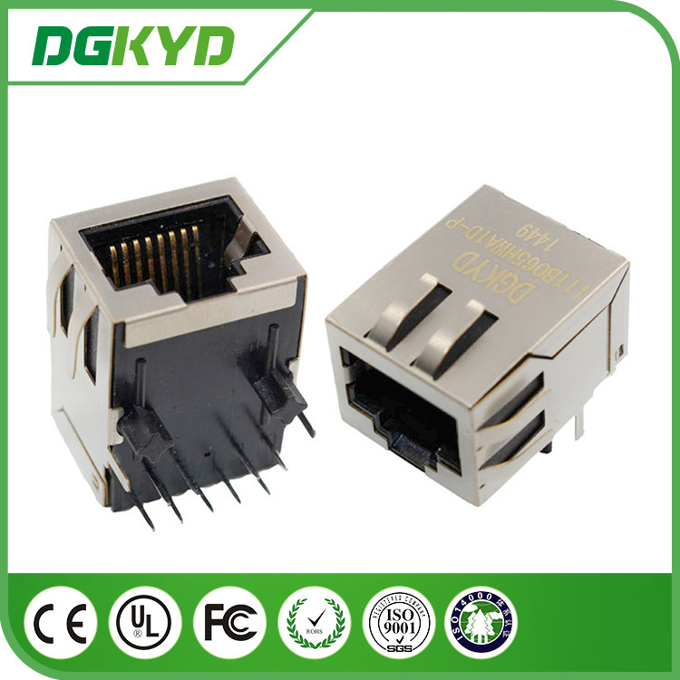 Single port POE RJ45 Female Jack , Vertical rj45 pcb socket with EMI fingers
