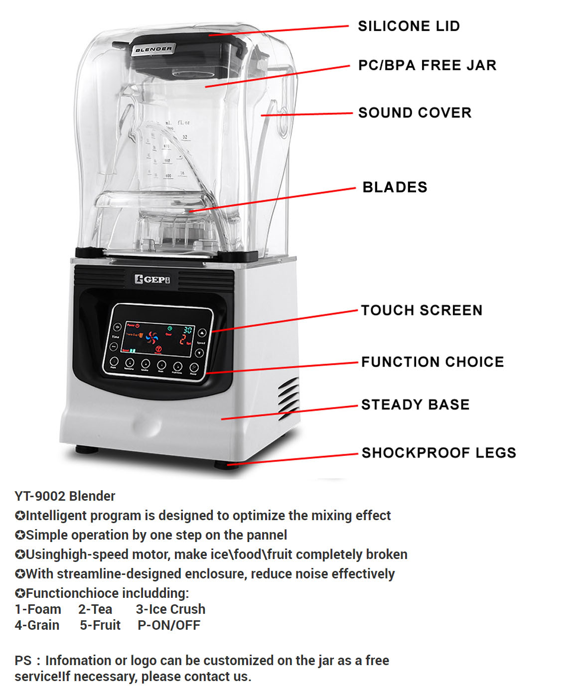 220V Voltage and 23000±1000 rpm Speed 9840 Pure Copper Motor Gepu Commercial Blender