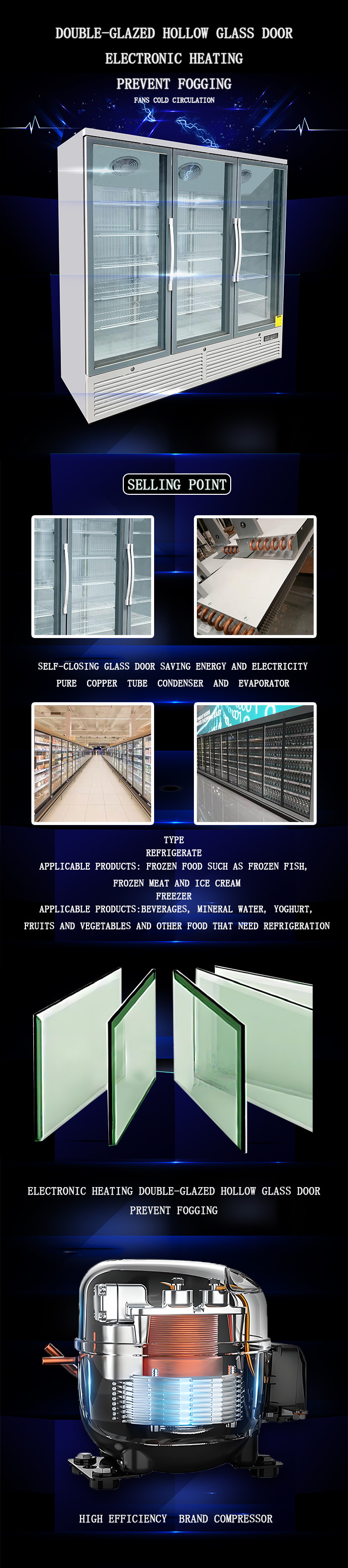 LED Lighting Glass Door Freezer 1260L Thermal Gasification Frost Front Fridge