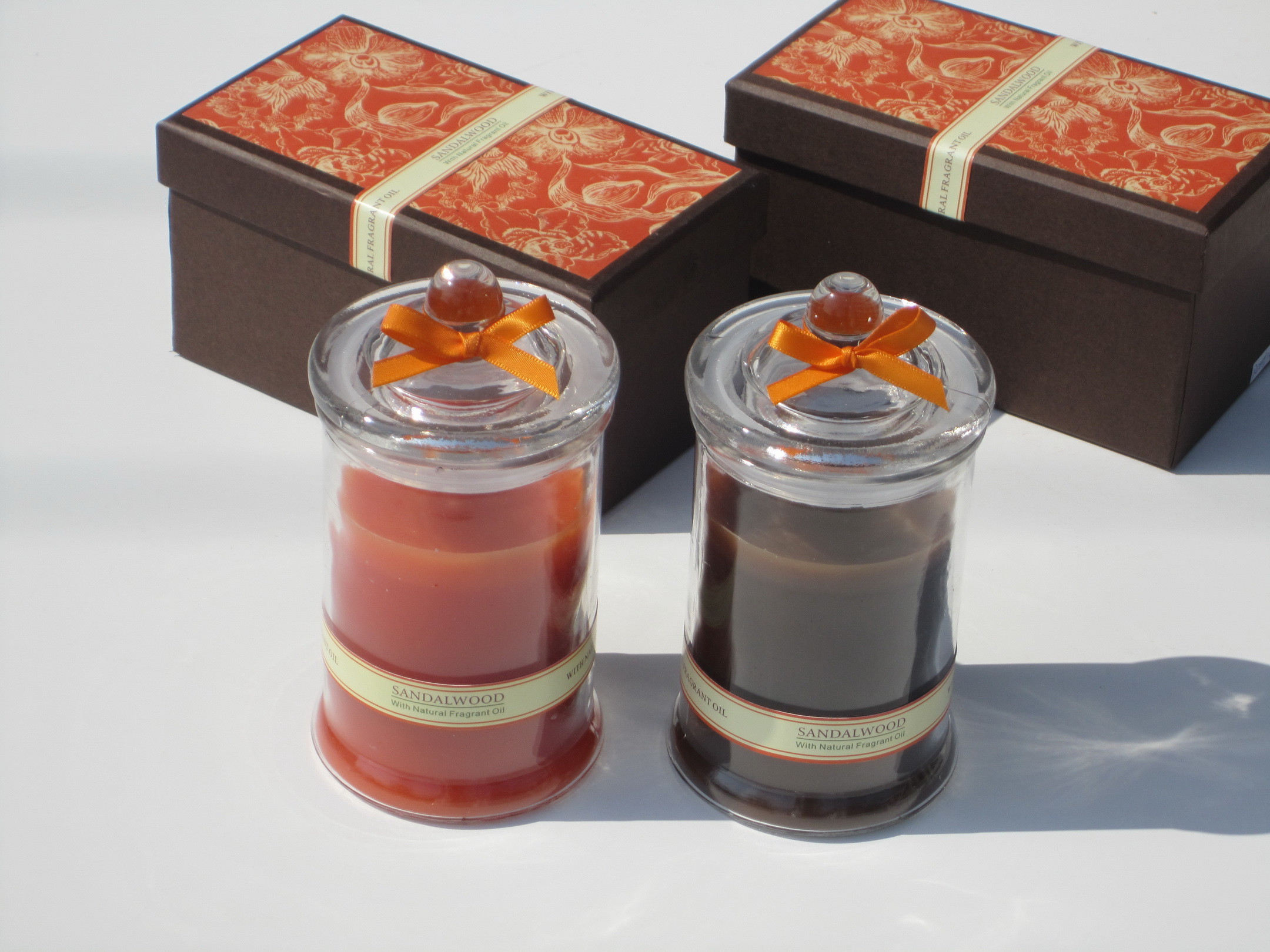 Orange & Brown scented glass jar candle with printed label,ribbon decor packed into gift box