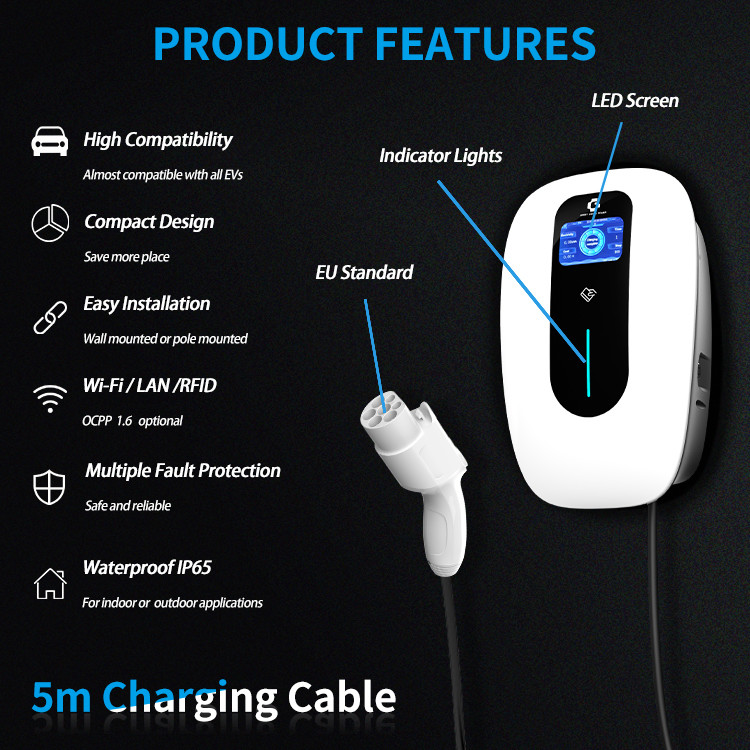 CE Level 2 Electric Car Charger Wall Mounted Type 2 22kw Waterproof