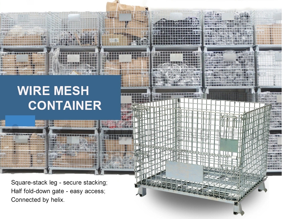 Specification of rigid foldable wire mesh basket Same design, different sizes Model No. 	Exterior Dimension	Wire Guage 	Grid Size	Loading Capacity	Loaded in 1x40'GP  	LxWxH(mm) 	mm	mm	kg	sets HML-W1	1030x840x850	6	50x50	1300	470 HML-L1	1030x840x850	6	50x50	800	470 HML-W2	1230x1040x890	6.2	50x50	1700	320 HML-L2	1230x1040x900	6.2	50x50	1200	320 HML-S1	1230x1040x950	6.2	50x50	1700	320 HML-W3	1030x840x500	6	50x50	800	470 Material	Mild steel Q235 Application area	Warehouse, logistic, recycling industry Finish	Zinc/hot dip galvanized/powder coating Remark	Costomized or OEM support Main features	1.Collapsible-save space when not in use,ideal for return journeys  2.Standard half-hinged gate access  3.Long lasting,economical alternative to disposable packing 4.Open wire mesh design allows for full visibility for inventory checks, ventilation and cleaness. Rigid foldable collapsible steel metal wire mesh basket for storage Square-stack leg - secure stacking; Half fold-down gate - easy access; Connected by helix