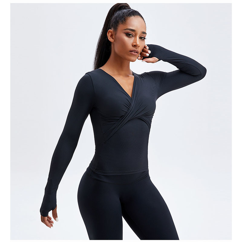 Cross Folded Ladies Yoga Tops Long Sleeve V Neck Sports Shirts With Thumb Hole