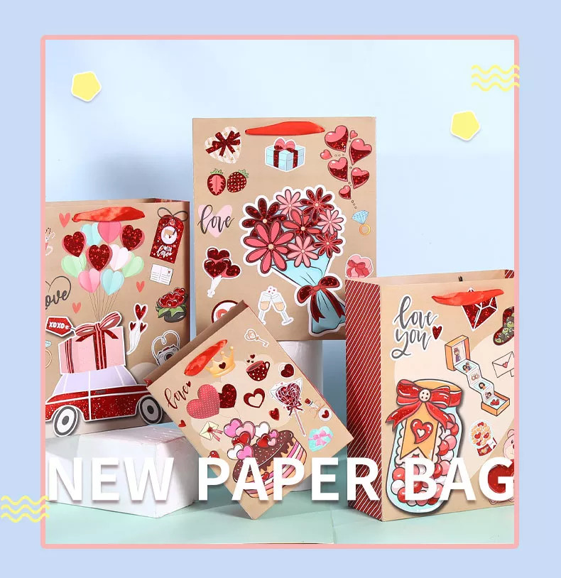 Ribbon Handle Christmas Kraft Paper Bags Decorating Paper Bag For Valentine'S Day