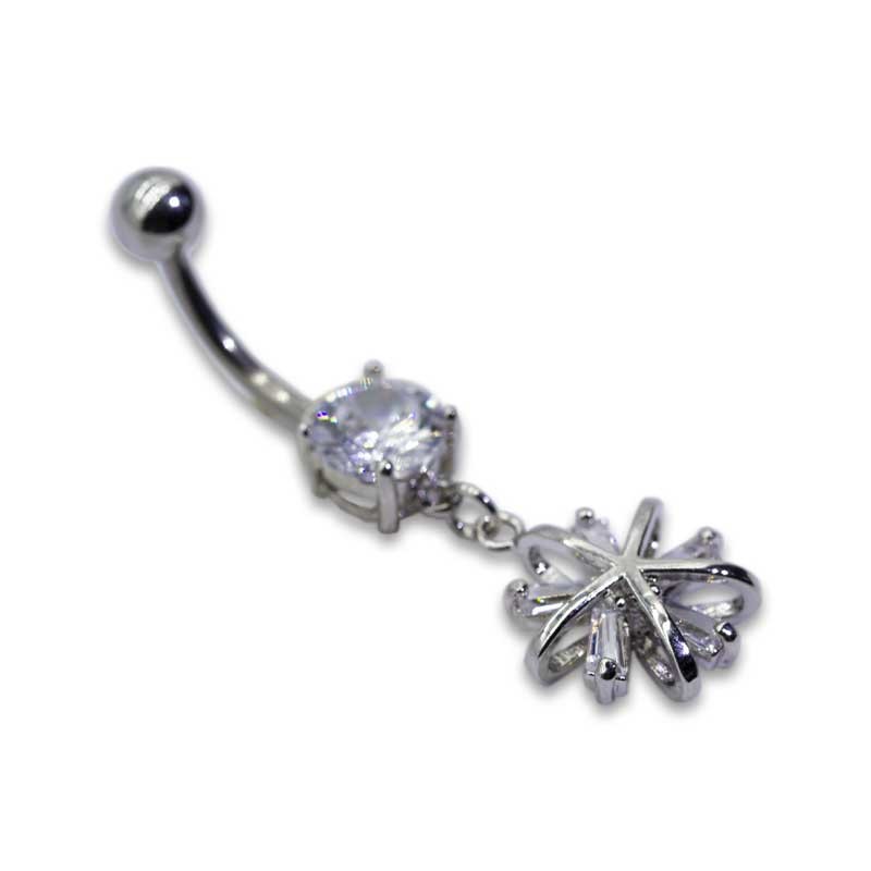 Snow Flower Diamond Clip On Belly Button Rings Claw Setting Inlay Surgical Grade Steel