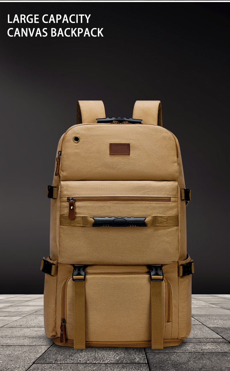 Retro Large Capacity Outdoor Travel Bags Mens Canvas Laptop Backpack 56-77 Litre