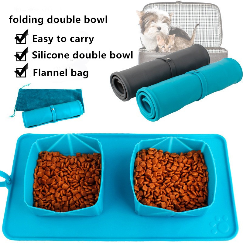 Amazon'S Popular Pet Folding Double Bowl Flannelette Bag Dog Bowl Easy To Carry Pet Storage Bowl Portable Cat Bowl