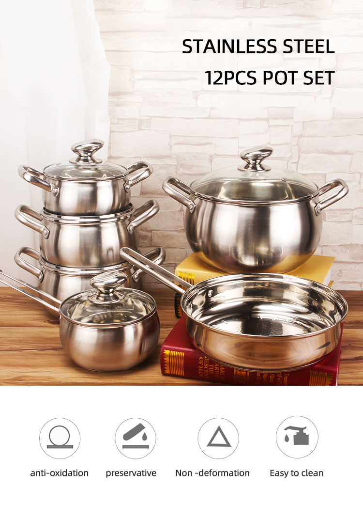 Multifunction Cookware Set 12 pcs Cookware Cook Pot Stainless Steel Cooking Pot Set With Glass Lid