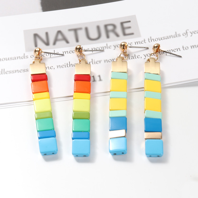 70mm Square Rainbow Beaded Earrings string shape For Daily Wear