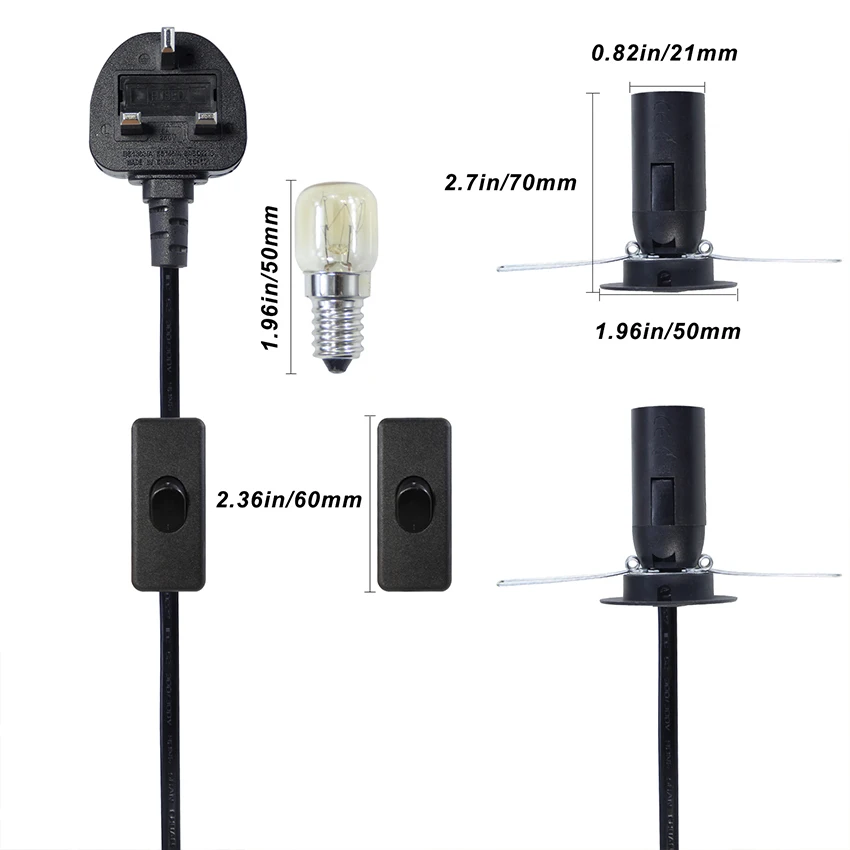 3A 5A British Fused 3 Pin Power Plug Salt Lamp Cable with 303 Inline Switch E14 Lamp Holder OEM/ODM
