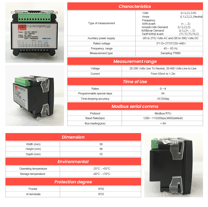 CE Certified PM835 96*96mm AC Electric Digital Power Meter for Measuring Energy Range