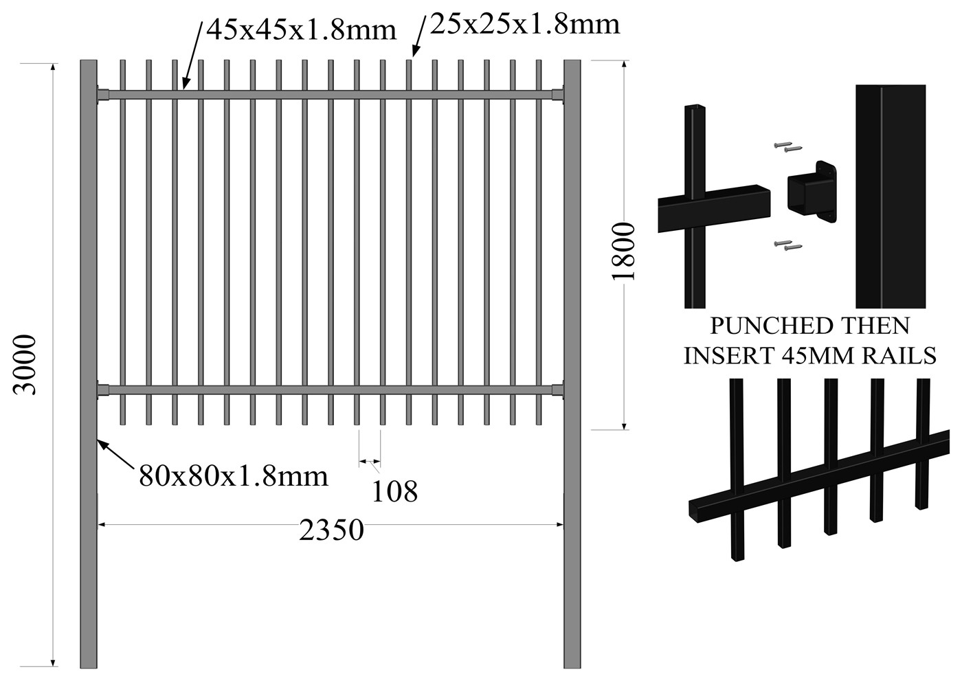 garrison Fence Steel Tubular 2100mm x 2400mm spear 25mm x 25mm