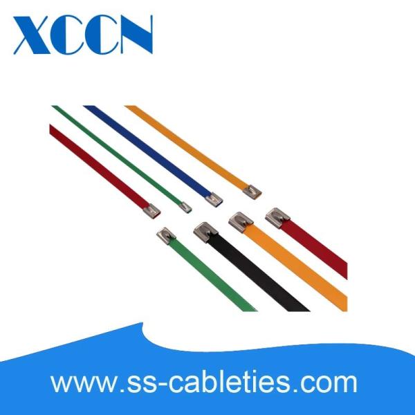 7.9*0.25*800mm 201,304,316 grade colorized epoxy polyester ball-lock plastic coated stainless steel cable ties