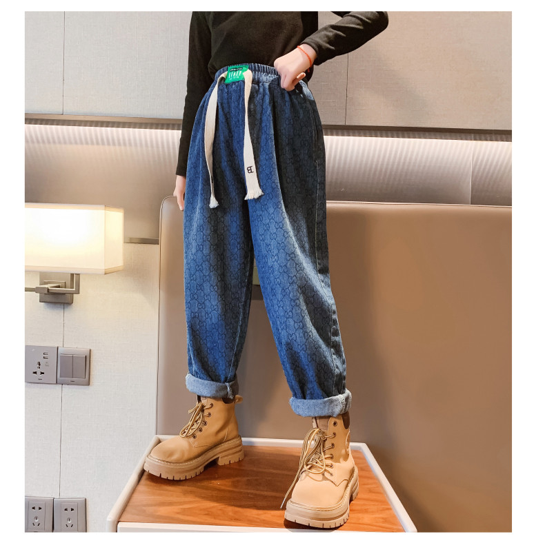 Spring Fall Versatile Children Pants Blue Girls Jeans Trousers Wear Resistant