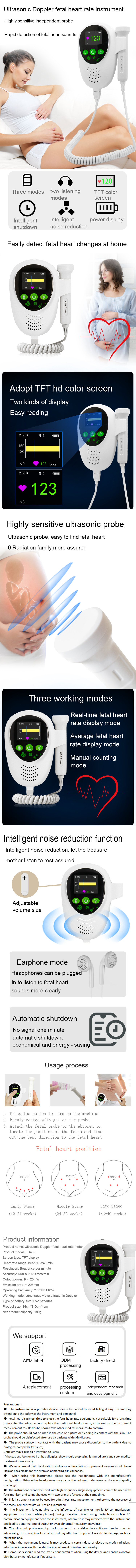 Home Use Fetal Doppler Ultrasound Baby Heart Rate Monitor With TFT Screen