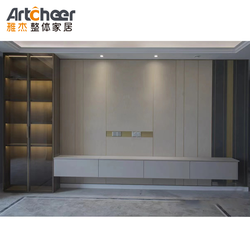 Adjustable TV Wall Cabinet in Modern Scandinavian Style with Glass Door and Wine Rack