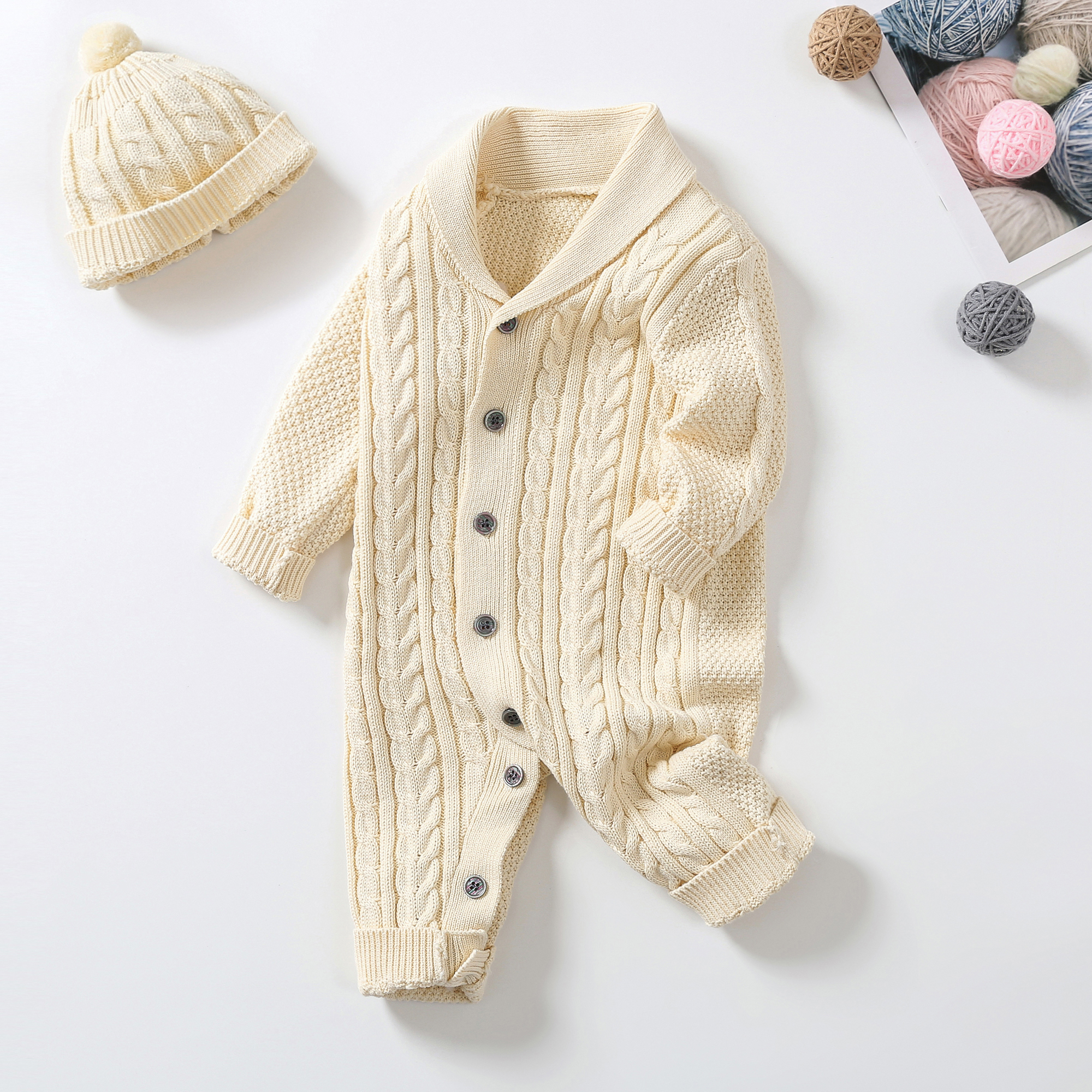 Winter Long sleeve Hat & Onesie set Newborn Boys Toddler Girls Organic Cotton Kids Infant Baby Knitted Sweater Romper