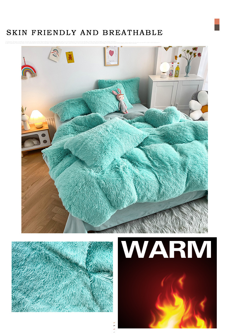 Hot Blue Luxury Shaggy Flanell Mink Velvet Bedding Set for All-Groups in Autumn Winter