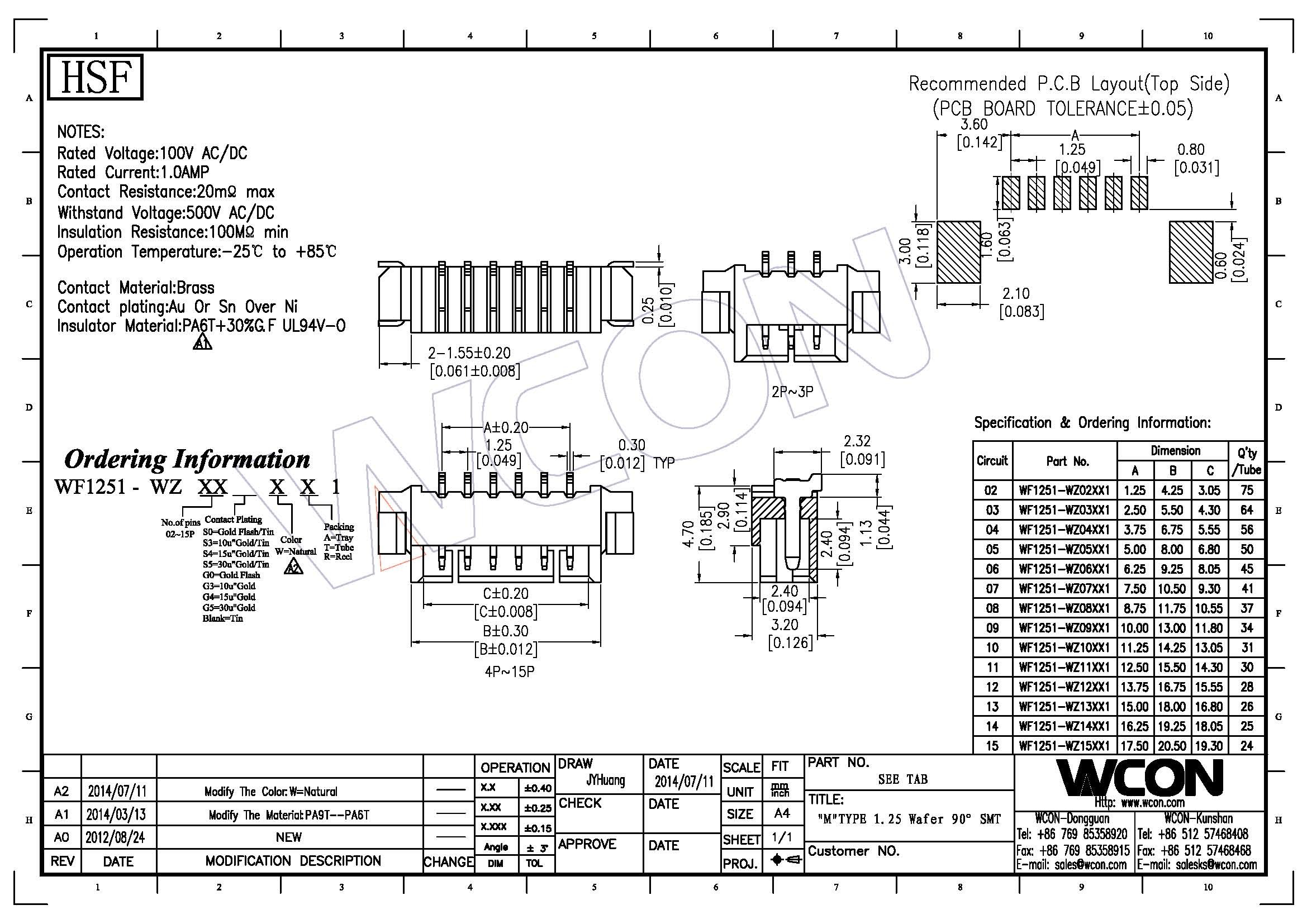 1.25mm Pitch Wafer 5 Pin Connectors Wire To Board 1.0AMP 90°SMT
