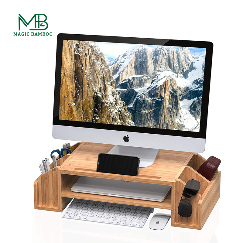 Computer Desk Organizer with Storage Bins Double Layer Bamboo Design OEM/ODM Accepted
