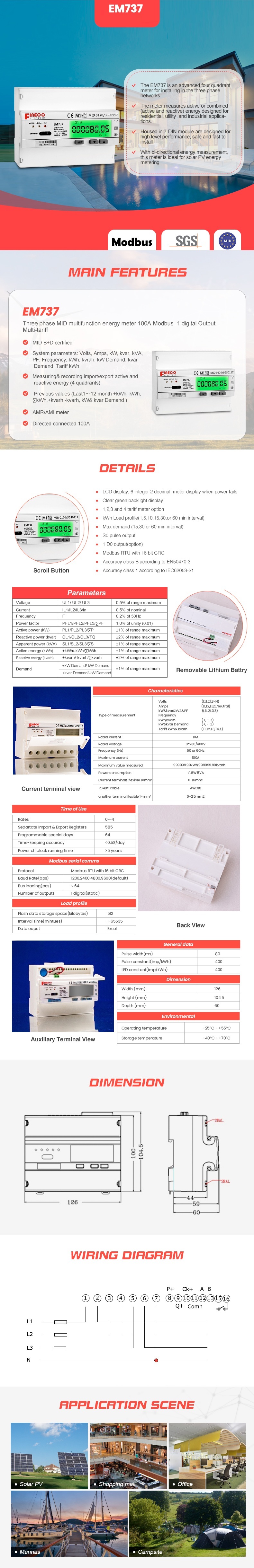 EM737 3*230/400V 10 100 A MID Certificated Digital Power Meter RTU Modbus